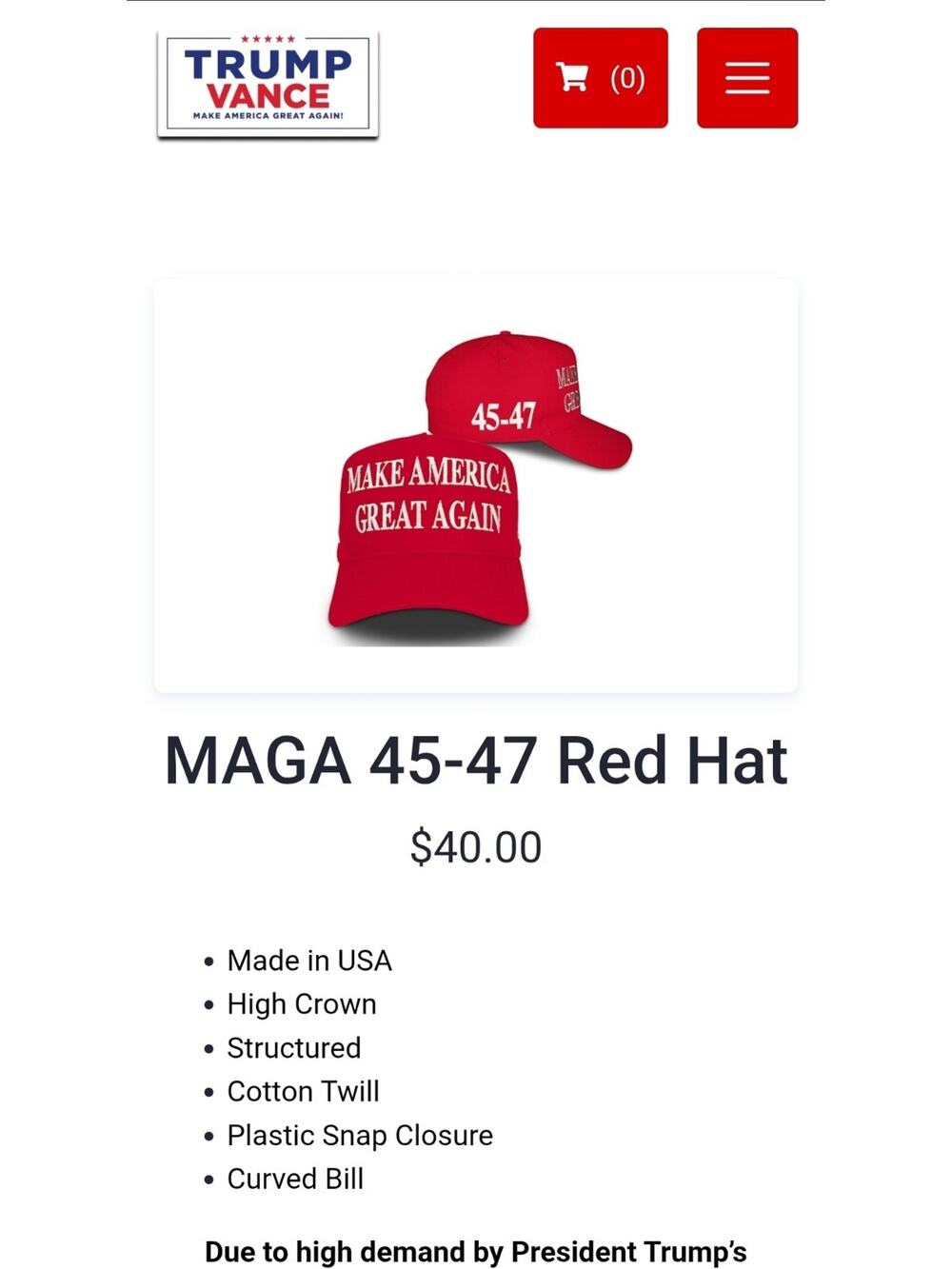 President Donald Trump 45-47 Hat 2024 Make America Great Again MAGA Red
